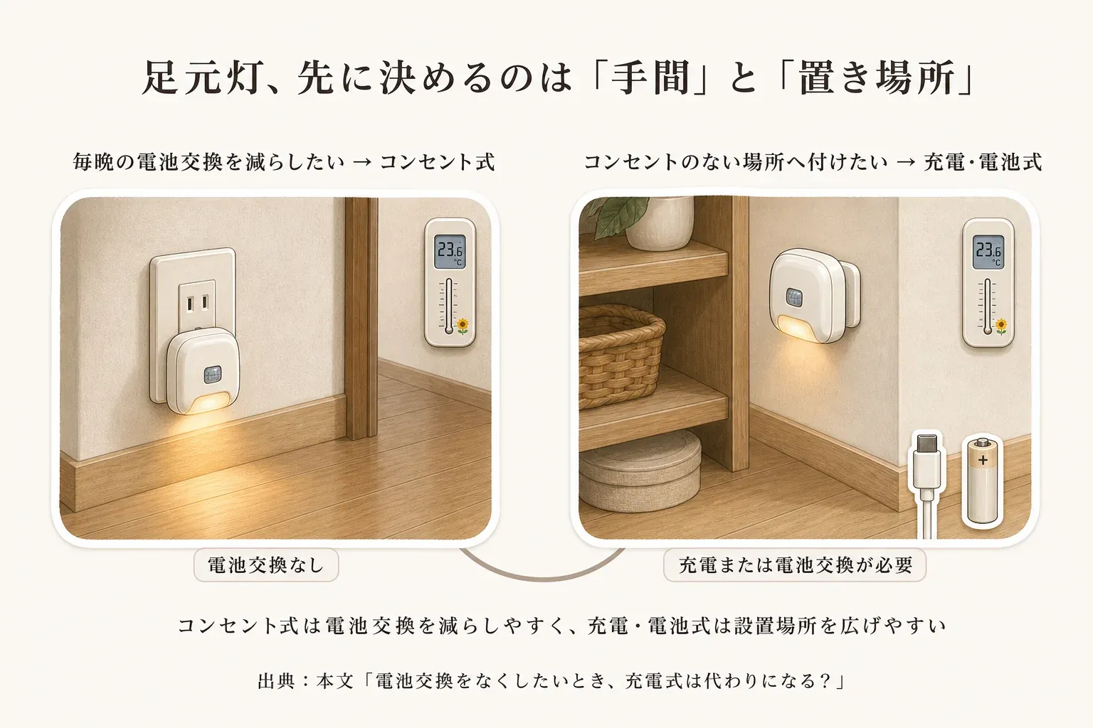 足元灯は手間と置き場所で先に選ぶことを示す図。毎晩の電池交換を減らしたい場合はコンセント式、コンセントのない場所へ付けたい場合は充電・電池式を選び、前者は電池交換なし、後者は充電または電池交換が必要と示している。出典：本文「電池交換をなくしたいとき、充電式は代わりになる？」をもとに作成