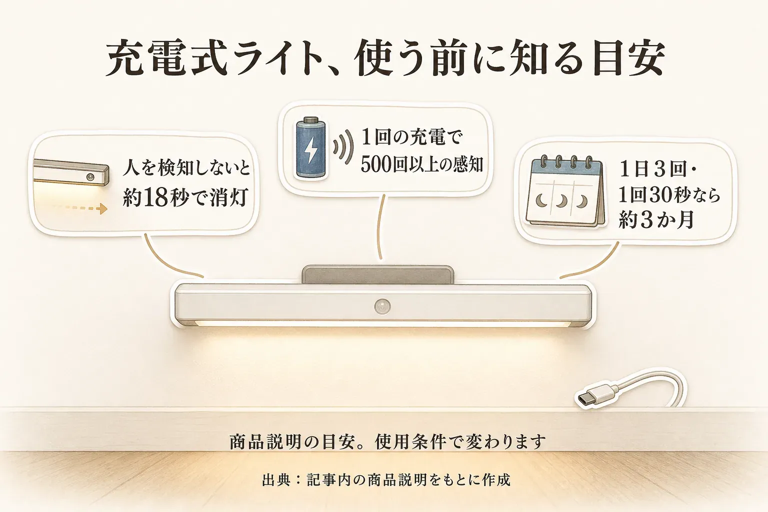 充電式ライトを使う前の目安として、人を検知しないと約18秒で消灯、1回の充電で500回以上の感知、1日3回・1回30秒なら約3カ月という商品説明上の目安を示す図。使用条件で変わることも示している。出典：記事内の商品説明をもとに作成