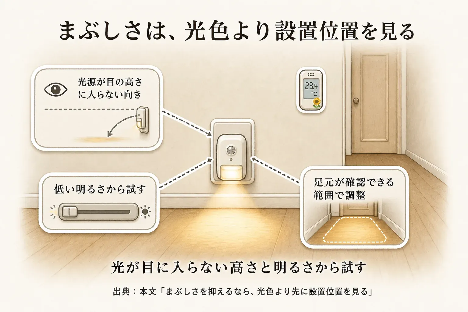 まぶしさは光色より設置位置を見ることを示す図。光源が目の高さに入らない向きにし、低い明るさから試し、足元を確認できる範囲で調整する様子を廊下の足元灯で示している。出典：本文「まぶしさを抑えるなら、光色より先に設置位置を見る」をもとに作成