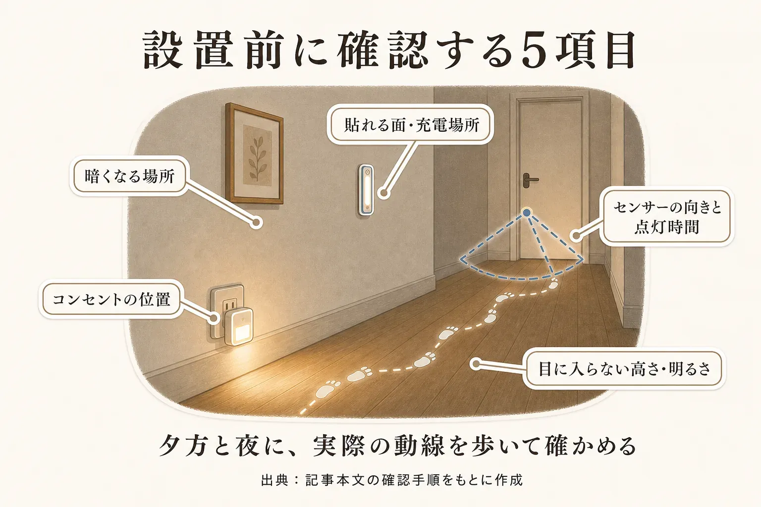 足元灯を設置する前の5項目として、夕方と夜に暗くなる場所、コンセントの位置、貼れる面と充電場所、センサーの向きと点灯時間、目に入らない高さと明るさを、実際の動線を歩いて確認する図。出典：記事本文の確認手順をもとに作成