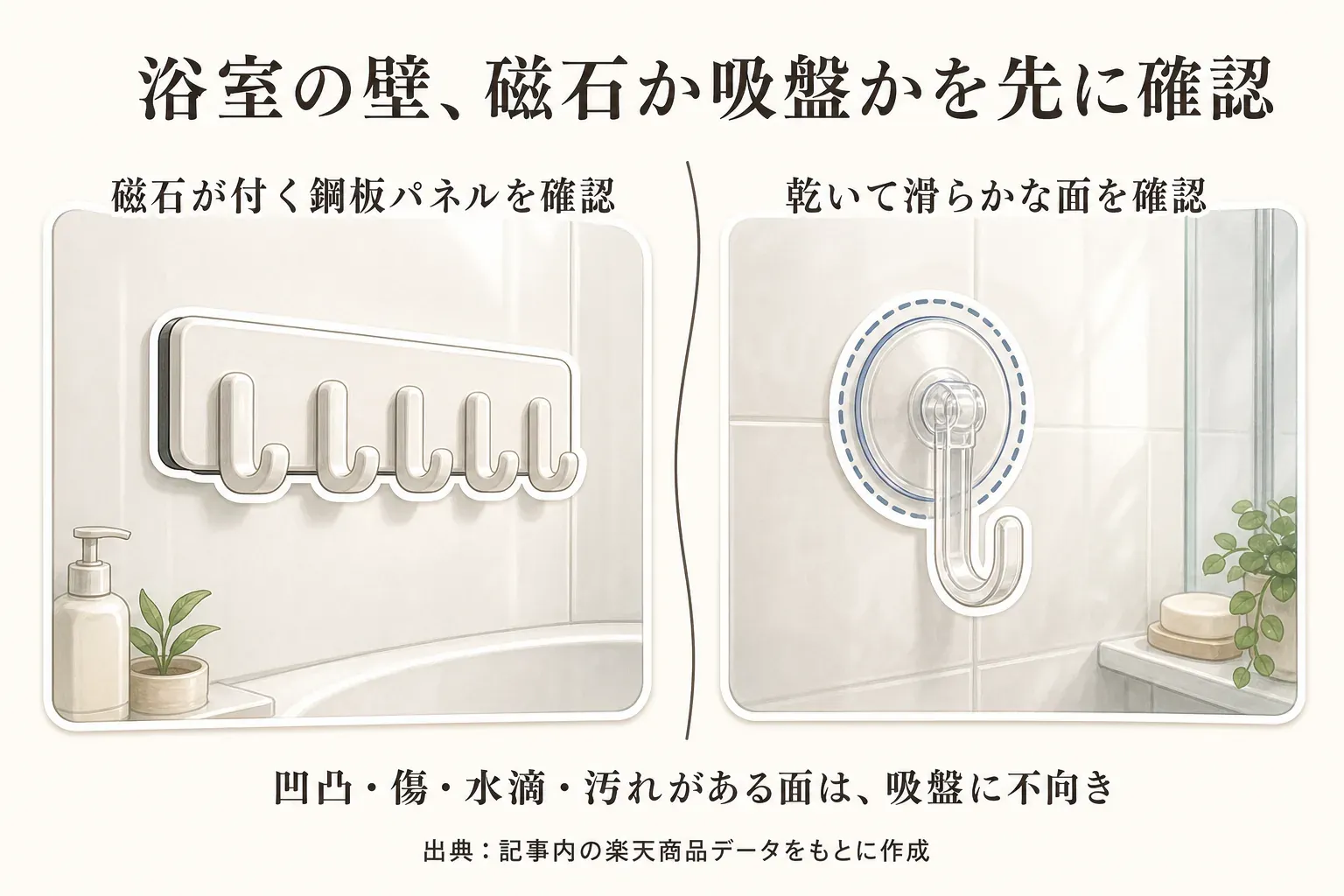 磁石が付く鋼板パネルにはマグネットフック、乾いて滑らかな面には吸盤フックを選ぶ浴室壁の確認図。凹凸・傷・水滴・汚れがある面は吸盤に不向き。出典：記事内の楽天商品データをもとに作成