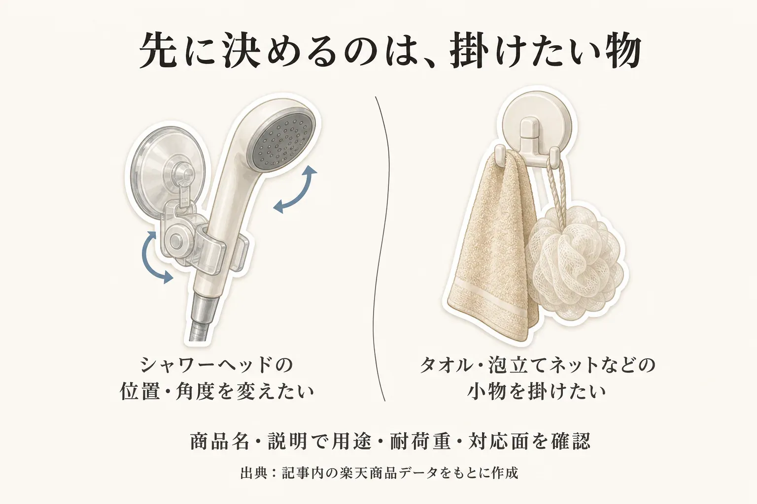 シャワーヘッドの位置・角度を変えたい場合は吸盤式シャワーフック、タオル・泡立てネットなどの小物を掛けたい場合は一般フックを選ぶ用途分けの図。商品名・説明で用途、耐荷重、対応面を確認する。出典：記事内の楽天商品データをもとに作成