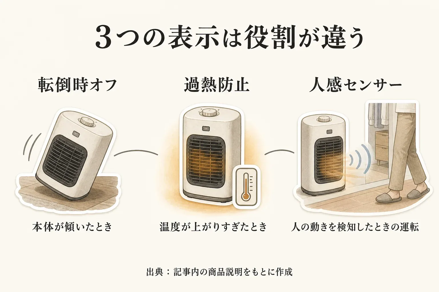 セラミックファンヒーターの転倒時オフは本体が傾いたとき、過熱防止は温度が上がりすぎたとき、人感センサーは人の動きを検知したときに働くことを示した図。出典：記事内の商品説明をもとに作成