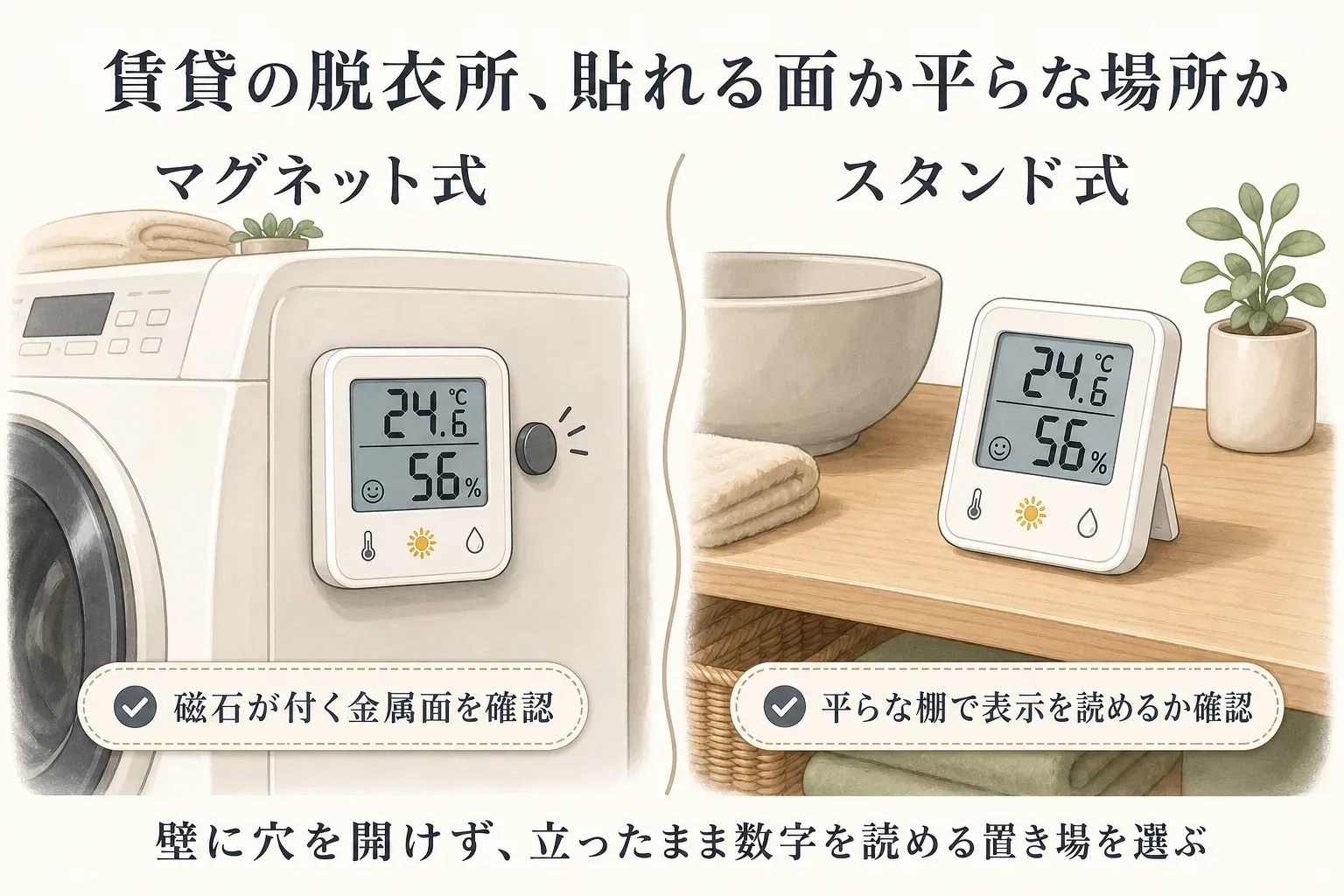 温湿度計の置き場の選び方として、磁石が付く金属面があり目線の高さで固定できる場合は洗濯機に貼るマグネット式、洗面台や棚に平らな空きがある場合はスタンド式を選ぶ例を示した図。出典：記事内の比較表をもとに作成