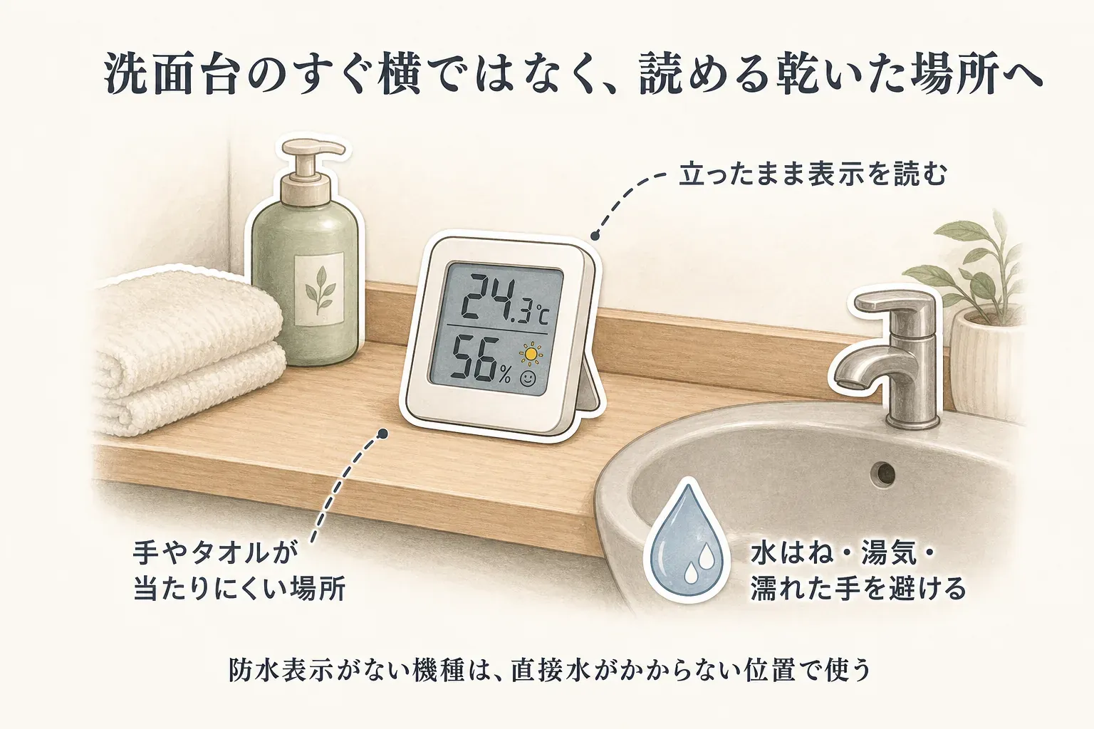 スタンド式温湿度計を洗面台のすぐ横ではなく、立ったまま表示を読めて手やタオルが当たりにくい乾いた棚に置く例。防水表示がない機種は、水はね・湯気・濡れた手を避け、直接水がかからない位置で使うことを示した図。出典：記事本文をもとに作成