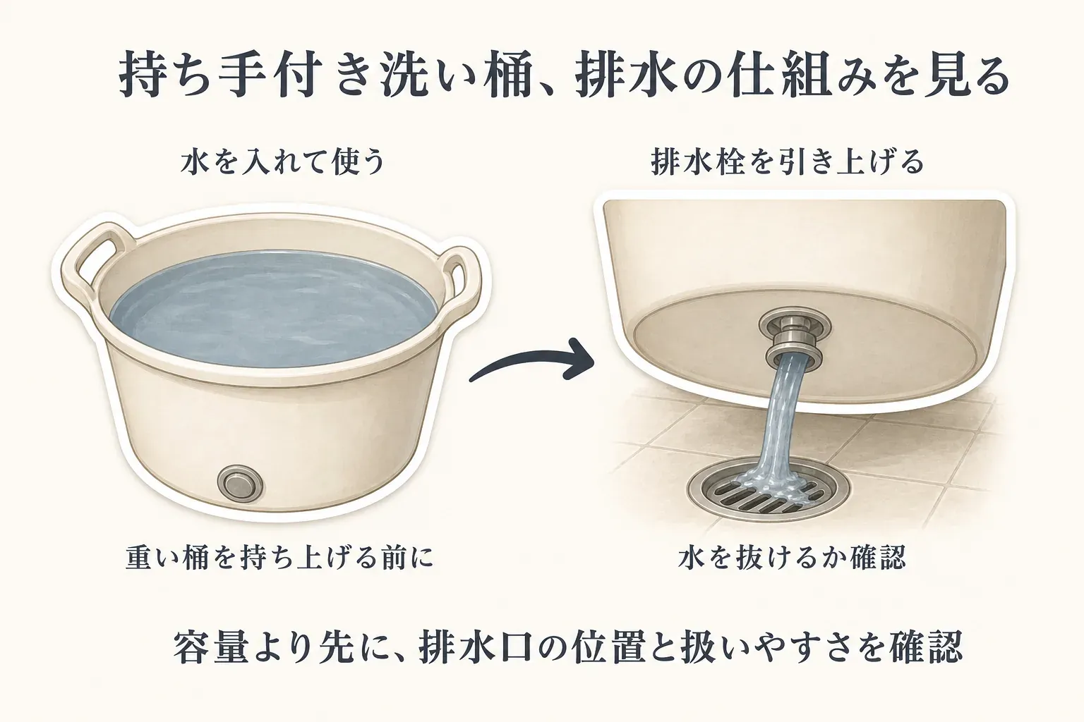 持ち手付き洗い桶の底にある排水栓を引き上げて水を抜き、満水の桶を持ち上げたり傾けたりする負担を減らす使い方を示した図。排水口の位置とレバーの扱いやすさを確認するポイントを説明。出典：記事本文をもとに作成