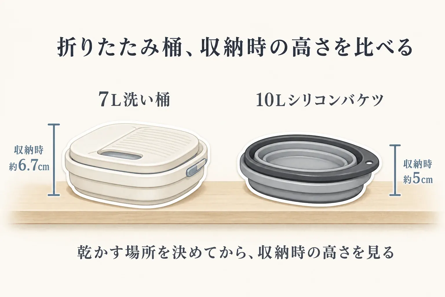 折りたたみ洗い桶を使用時の高さ約16cmから収納時の高さ約6.7cmへ縮め、棚や洗濯機まわりにしまう例を示した図。収納前に水分を拭き取り、完全に乾くまで広げて置ける場所も確認するポイントを説明。出典：記事本文をもとに作成
