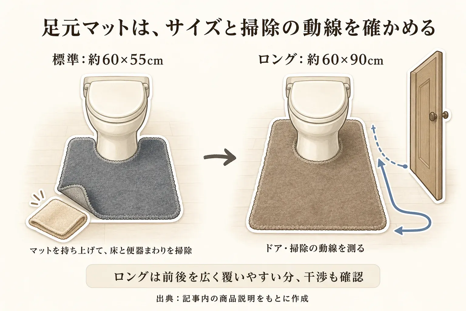 標準約60×55cmのマットは持ち上げて床と便器まわりを掃除し、ロング約60×90cmのマットは前後を広く覆う分ドアと掃除の動線を測ることを示した図。出典：記事内の商品説明をもとに作成