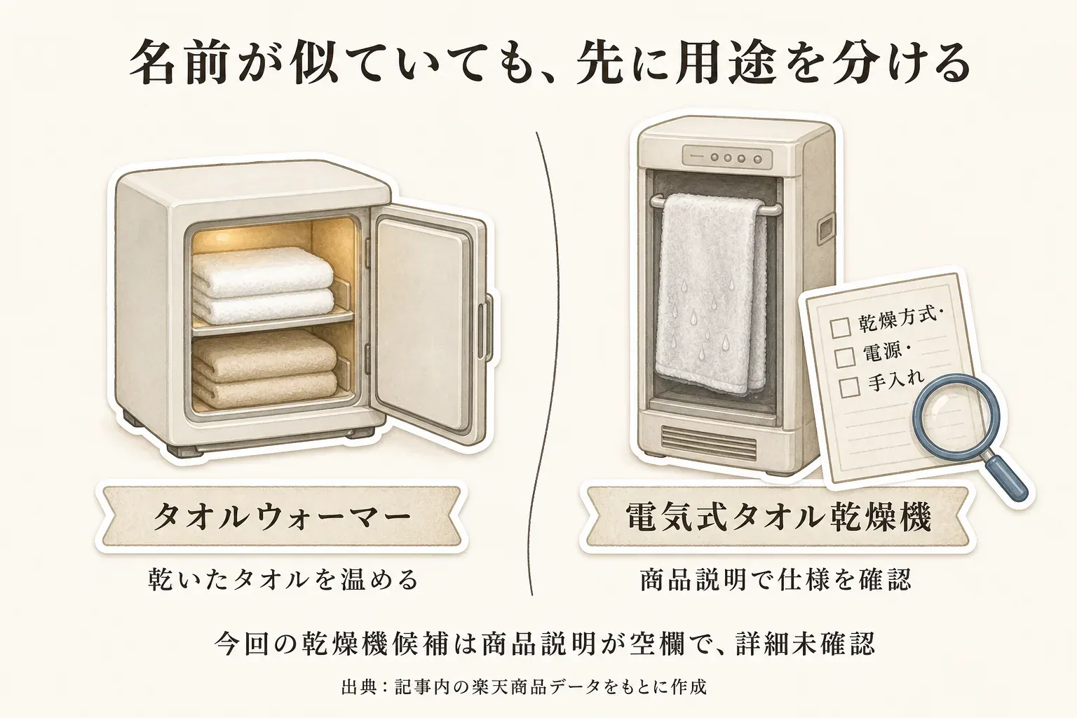 乾いたタオルを入浴前に温める用途はタオルウォーマー、濡れたタオルを乾かす用途は乾燥方式・電源・排気や手入れを確認できるタオル乾燥機を別に選ぶことを示した図。タオルを温める機器だけでは脱衣所と浴室の温度差は解消しない。出典：記事本文をもとに作成