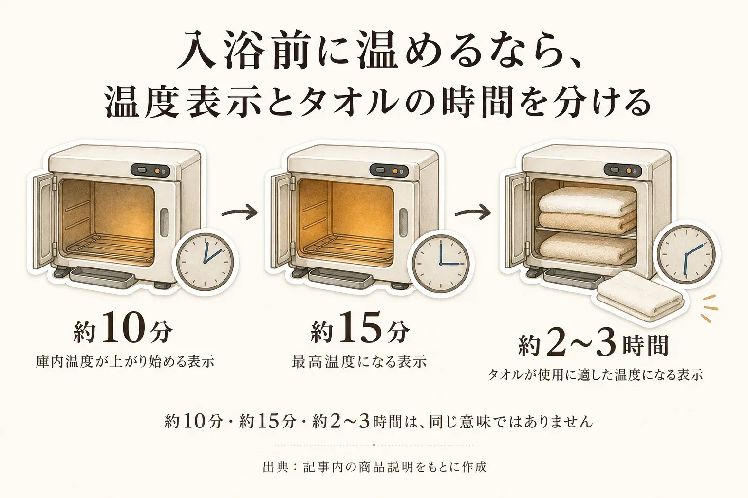 タオルウォーマーは電源を入れて約10分で庫内温度が上がり始め、約15分で最高温度になる一方、庫内のタオルが使用に適した温度になるまで約2〜3時間という表示があることを、入浴前から逆算して準備する流れで示した図。部屋の暖房時間とは混同しない。出典：記事内の商品説明をもとに作成